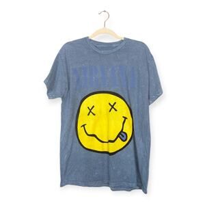 Nirvana Officially Licensed Blue Tie Dye Nevermind Smiley Grunge Band Tee